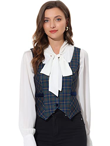 Allegra K Women's Square Neck Christmas Single Breasted Sleeveless Vintage Plaid Waistcoat Vest