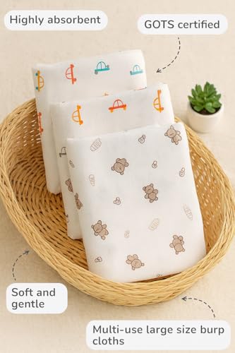 Image of Muslin Baby Bath Towel Cotton Super Soft Bathing Towels, Napkin for Newborn Single Layer Kids Boys and Girls (Pack of 4) White,Size 75 x 100 Cm, Multiprint on White