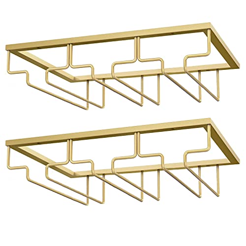 MATILODI Wine Glass Rack, Under Cabinet Stemware Wine Glass Holder, Wine Glasses Storage Hanger Metal Organizer for Cabinet Kitchen Bar (Gold, 3 Rows 2 Pack)