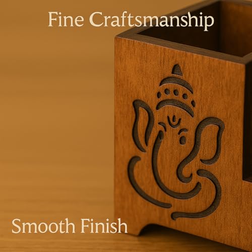Image of DivineCraftedArt Handcrafted Wooden Pen Holder & Mobile Stand | Desk Organizer for Office, Home & Study Table | Pen Pencil Stand with Card Holder (6.75x3.75x2.5 Inch) (Blessing Ganesha)