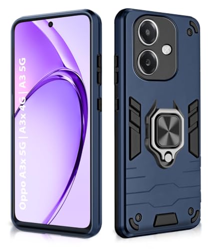 Image of WOW IMAGINE Shock Proof Back Case Mobile Cover for Oppo A3x 5G | A3x 4G | A3 5G | Back Cover Case (Tough Armor | Hybrid PC + TPU | Ring Holder & in-Built Kickstand | Blue)