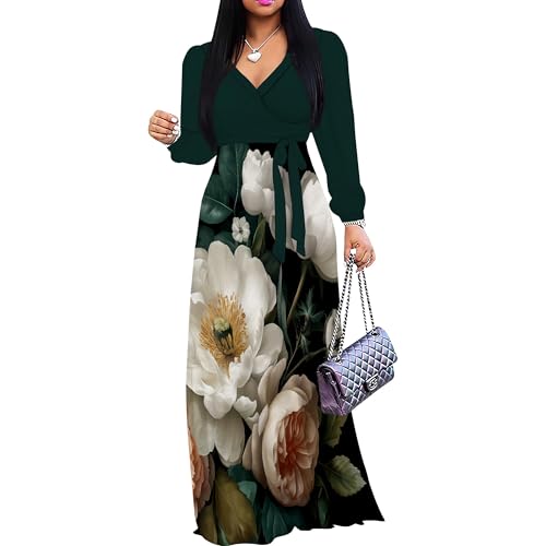 Image of Women's Plus Size Maxi Dresses Long Sleeves V Neck Floral Print Bohemian Swing Long Dress with Belt