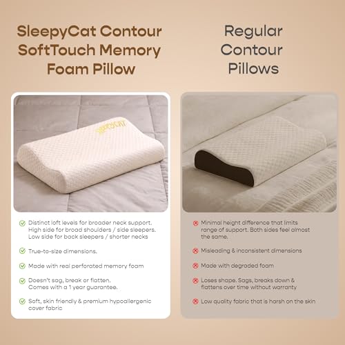 Image of SleepyCat Cervical Memory Foam Pillow | Full Size Contour Design for Neck Pain Relief | Perforated Real Memory Foam for Airflow | No Sagging, Breaking or Flattening | White, Set of 4 (25 X 16 inches)