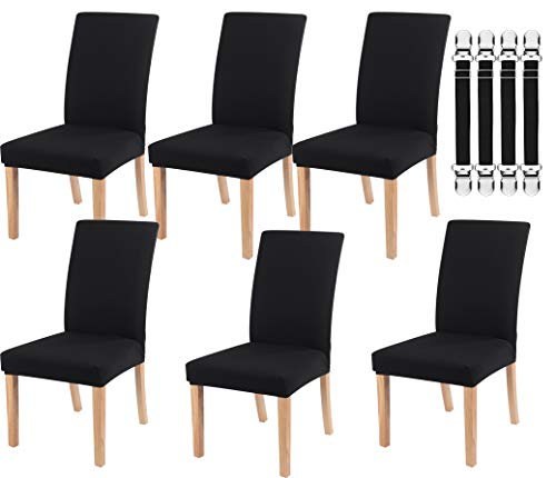 Fundas de silla CCRoom para sillas de comedor 6, protectores de silla de elastano elástico para sillas de 45-60 cm con respaldo alto con 6 clips elásticos (negro)