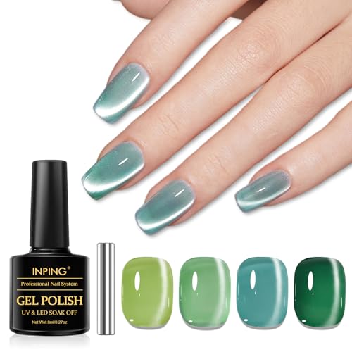 INPING Pintauñas Semipermanentes, 4 Colore Jelly Cristal Glitter Verde Cat Eye Gel Polish con imán, Primavera Verano Ojo de Gato Esmaltes Semipermanentes Para Uñas Duradero Casa Salón, 8 ML