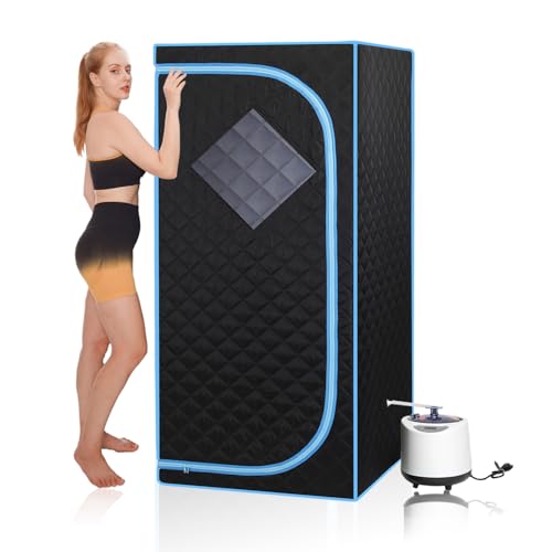 Wizzisauna Portable Steam Sauna | Full Size Portablel Sauna Tent | Personal Home Sauna Spa | with 2.2L Water Injection Rate and 1000W Steam Generator, Portable Chair, Black (Blue Edge)