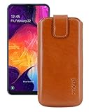 Suncase Etui Tasche kompatibel mit Samsung Galaxy A30 mit ZUSÄTZLICHER Hülle/Schale/Bumper *Lasche mit Rückzugfunktion* Handytasche Ledertasche Schutzhülle Hülle Hülle in Cognac