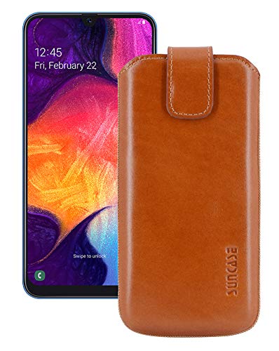 Suncase Etui Tasche kompatibel mit Samsung Galaxy A30 mit ZUSÄTZLICHER Hülle/Schale/Bumper *Lasche mit Rückzugfunktion* Handytasche Ledertasche Schutzhülle Hülle Hülle in Cognac