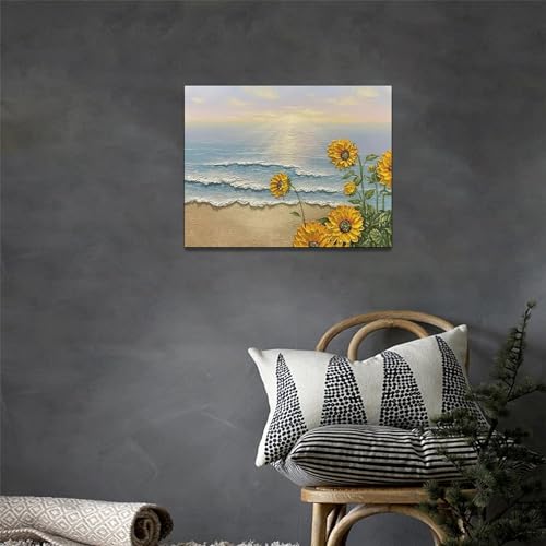 Sunflower Beach Decor Wall Art Coastal Ocean Waves Pictures Sunset Seascape Canvas Painting Nature Home Modern Artwork Decorations Framed for Bathroom Living Room Bedroom Office 16 x 12 inch - Image 2