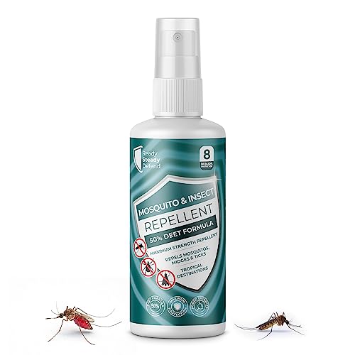 50% DEET Insect Repellent Spray - Maximum Strength 8-Hour Protection Repels Mosquitoes Midges Ticks Ideal for Tropical Destinations with Added Phrethrins