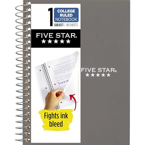 Image of Five Star Spiral Notebook, 1 Subject, College Ruled Paper, 4-3 /8 inch x 7 inch, Small Size, 80 Sheets, Fights Ink Bleed, Water Resistant Cover, Gray (450048AA3-ECM)