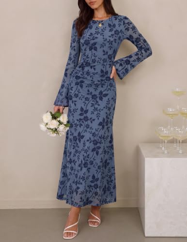 ZESICA Womens Long Sleeve Floral Fall Bodycon Ruched Mesh Maxi Formal Dress - Image 4