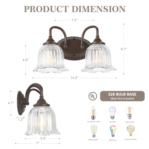 Image of Oil Rubbed Bronze 2-Light Bathroom Light Fixtures with Floral Glass Shade