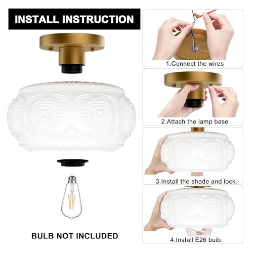 Image of Milk Glass Semi Flush Mount Ceiling Light Fixture, Vintage Gold