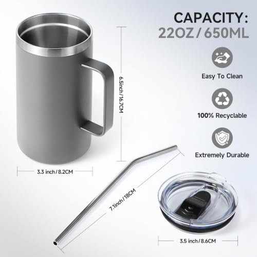 Volhoply 650ml Kaffee-Thermobecher, doppelwandiger Vakuum-isolierter Edelstahlbecher mit Griff, lebensmittelechter 18/8-Edelstahl… – Ansicht 3