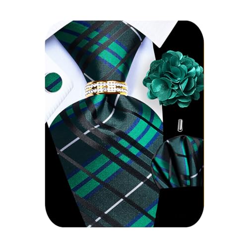 Image of 5PCS Mens Silk Designer Tie, Pocket Square, Cufflinks, Drilled Tie Ring and Lapel Pin Set for Wedding Groom Party