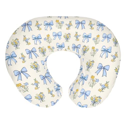 Blue Pastel Floral Bows Nursing Pillow Covers for Boy Girl Cute Spring Flowers Easter Nursing Pillow Slipcovers for Breastfeeding Pillows Colorful Spring Garden Soft Stretchy Cover for Newborn Infant