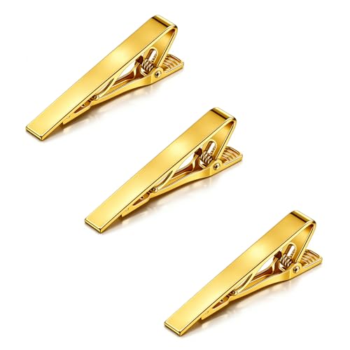 TIESOME 3 Pack Tie Clips for Men Necktie Tie Bar Pinch Clips for Men Accessories Tie Pins Ideal for Wedding Anniversary Party Business Fathers Day Gifts(Gold)