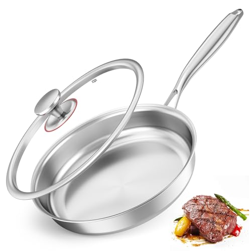 BugyKido 24cm Stainless Steel Saute Pan with Lid, Premium 3-Ply Design, Coating-Free, PFOA-Free, Compatible with All Stovetops, Oven and Dishwasher Safe