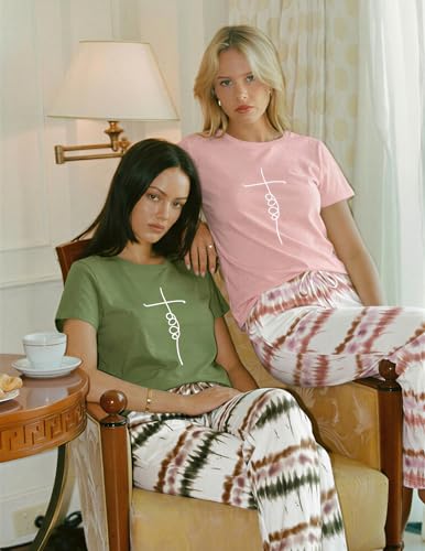 Image of Ekouaer 2 Pack Pajamas for Women Set Short Sleeve Sleepwear Top and Pants Pjs Soft Printed Lounge Sets with Pockets