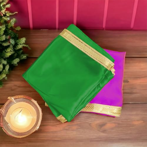 Image of RMCG Traders Pooja Clothe for Mandir, Pooja Clothe for Multi-Purpose Use, Satin Clothe Pooja, 1 Meter Pooja Clothe Each, Table Cloth for Decoration Pooja (Green & Purple)