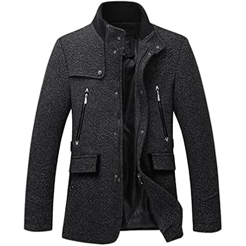 Wool Blend Jacket Men Autumn Winter Slim Fit Woolen Coat Casual Trench Coat Men Zippers Overcoats black XL Cover