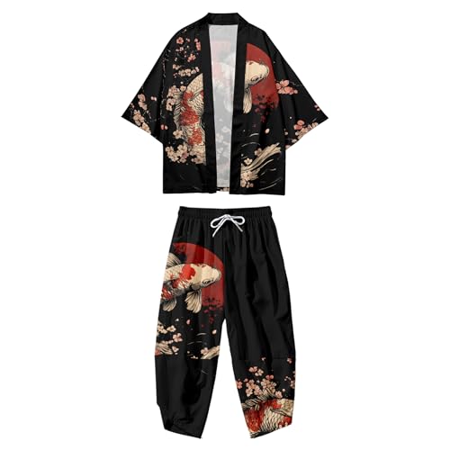 Image of DOSLAVIDA Men's Japanese Kimono Cardigan Suit Chinese Style Printed Jacket Pants Set Open Front Seven Sleeve Top & Shorts