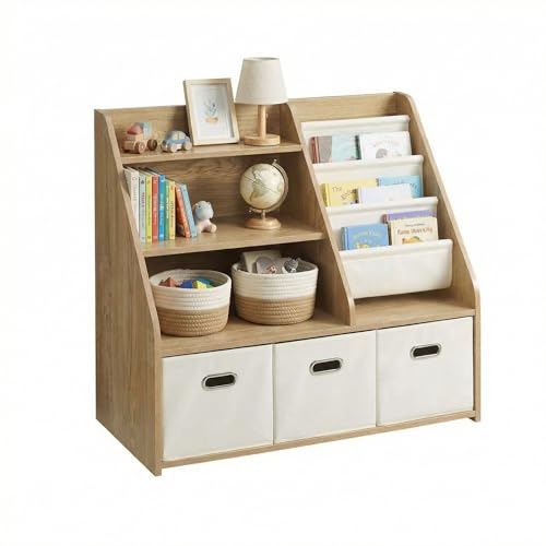 elnure Bibliothèque pour Enfants avec Rangement - Étagère à Jouets Montessori à 4 Niveaux en Bois avec 3 tiroirs et 4 boîtes en Tissu - Organisateur pour...