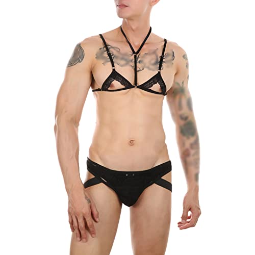 Men's Sissy Lingerie Set 2pcs Sexy Lace Floral Bra and Thong Underwear Jockstraps Crossdressing Nightwear for Gay (Black,Large)1