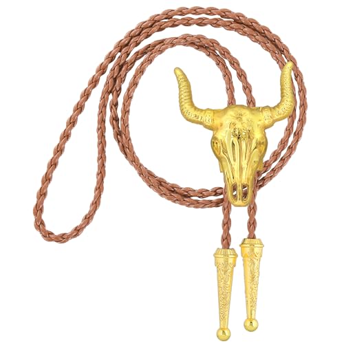 Image of GelConnie Longhorn Bull Bolo Tie for Men Native American Western Cowboy Leather Necktie Bolo Necklace for Women Gold Texas
