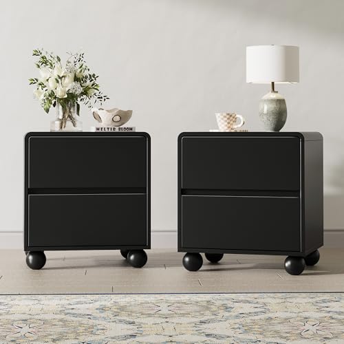Image of MAISONARIA Curved Nightstand Set of 2, Modern Nightstand with 2 Large Storage Drawers, Wooden Endside Table for Bedroom, Black