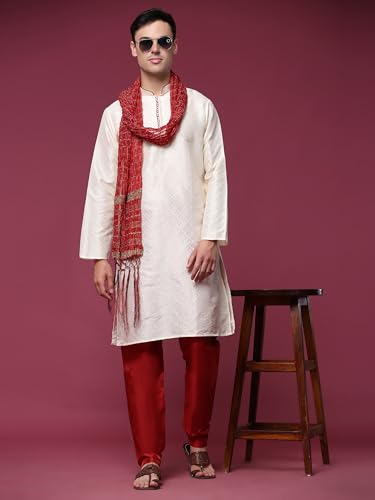 SKAVIJ Men's Jacquard Silk Kurta Pajama Set with Scarf Ethnic Motifs 3-Piece Set4