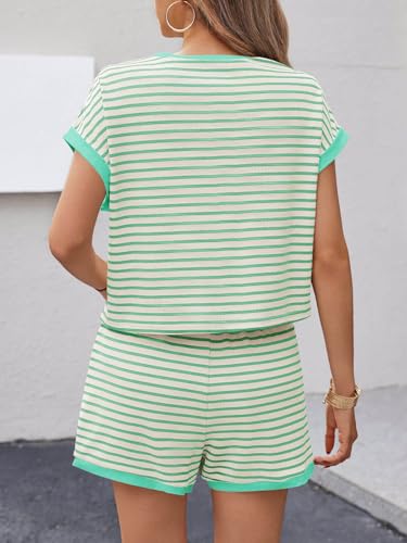 Image of Tankaneo Womens Summer 2 Piece Sets Striped Short Sleeve T Shirts and Shorts Loungewear Matching Set