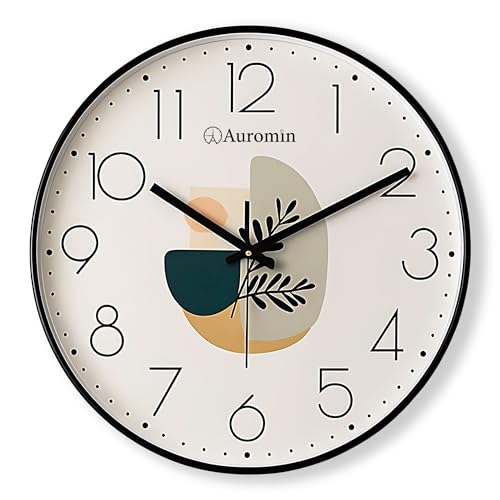 Image of Auromin Glass Wall Clock for Living Room Decor | Antique Stylish Fancy Decorative Large Wall Watch for Bedroom, Office, Kitchen, Dining Room, Hall & Home Decoration (Black Leaf, 40)