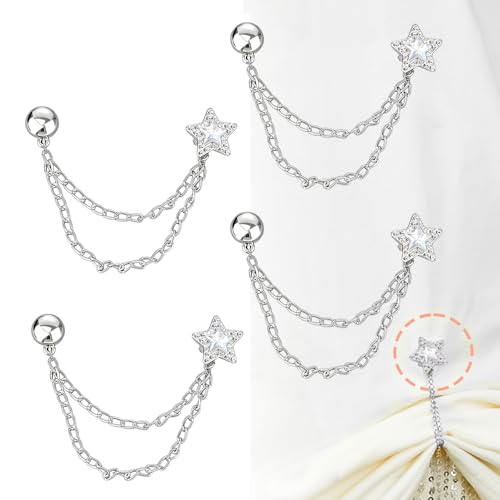 Image of Ouliget Multi-Function Magnetic Clothing Clips,Pinless Brooch Chain Magnetic Buttons Shawl Clips for Hijab, Loose T-Shirt Hems, Sleeves, Collar and Pants Hems,4 Pieces (Silver Star)