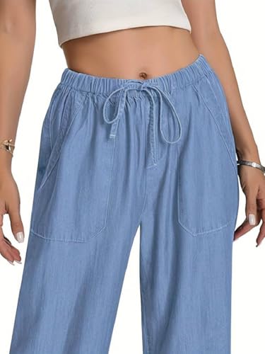 Image of TOPLOT Woman's Wide Leg Drawstring Trousers with Elastic Waist | Relaxed Fit Casual Pants with Pockets | Comfortable Everyday Wear for Travel and Office Wear (5251)