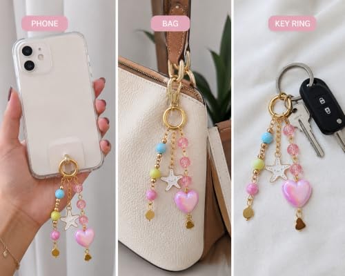 Image of Handmade Beaded Phone Charm Strap for Women & Girls | Aesthetic Mobile Charm | Pearl & Crystal Bead Wrist Strap | Cute Phone Bag Accessory | Korean Style