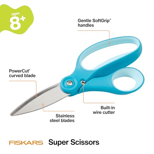 Image of Fiskars 6 inch Kids Super Scissors with PowerCut Technology to Boost Cutting Power, Perfect for Multiple Paper Layers, Foam & Cardboard, Integrated Wire Cutter for Pipe Cleaners, Craft & School Supplies