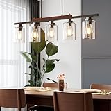 5-Light Kitchen Island Light, 33.4' Island Lighting with Black Metal & Wood, Dining Room Light Fixture for Kitchen Island, Adjustable Height (Bulbs Not Included)