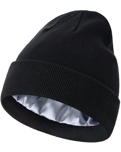 Satin Lined Beanie 100% Cotton Beanies Hats for Men Women Slouchy Knit Cuffed Winter Warm Soft Hat Silk Lining Snug Skull Cap