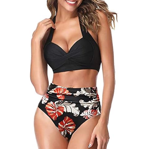 AOQUSSQOA Women Two Piece Tankini Swimsuits High Waist Halter Vintage Bikini Set Ladies Swimwear(Black Maple, XL) Cover