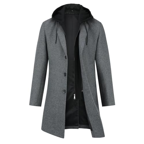 YOUTHUP Manteau Homme en Laine à Capuche Chaud Long Manteau d'Hiver Epais Trench Coat Parka Caban, Gris, S
