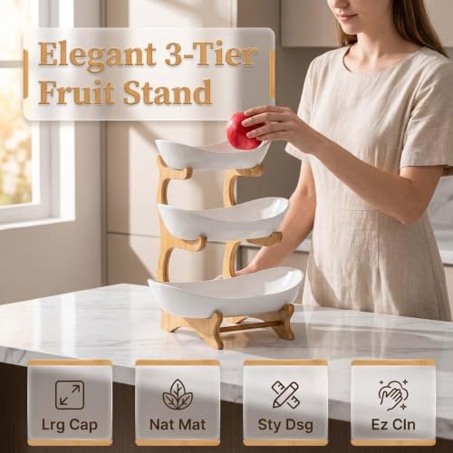 Image of 3 Tier PLASTIC Fruit Bowl With Bamboo Wood Stand for Kitchen Counter,Porcelain Fruit Basket for Vegetable Storage,Snack Dessert Cake Tray Plate Rack for Party Wedding - White