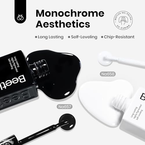 Image of Beetles Black and White Gel Polish, 2 Pcs 15ml, HEMA-Free French Nails | Two 15ml HEMA-free gel colors cover black and white French tips, nail art, and salon-style DIY manicures.