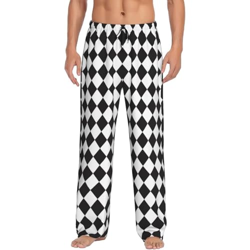Mens Pajama Pants - Black White Harlequin Print Soft Sleep Lounge Pants For Men, Casual Pj Bottoms With Pockets4