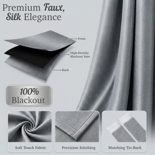 Image of 100% Blackout Window Curtains, 5 Feet, Solid Design, Faux Silk, Thermal Insulated, Noise Reducing Eyelet Door Curtain with Tie Back for Living Room & Bedroom, 115x150cm, Pack of 2 - Grey