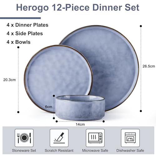 Herogo Set di stoviglie da 12 pezzi, in gres porcellanato, per 4 persone, piatti e ciotole in smalto reattivo, adatto al microonde e alla lavastoviglie, resistente a scheggiature e graffi, blu - immagine 3
