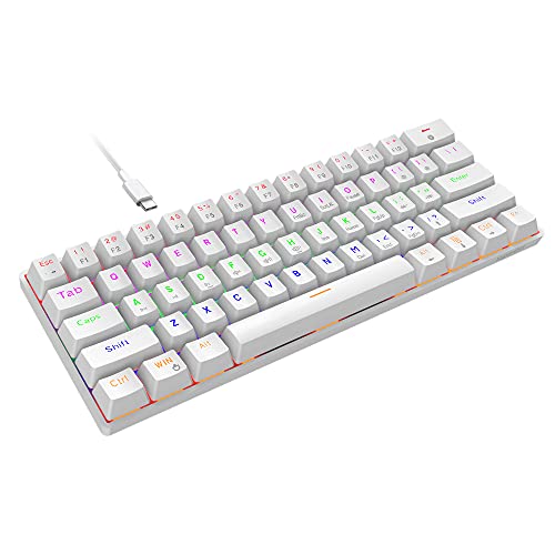 Snpurdiri Clavier de jeu mécanique filaire 60% 61 touches anti-ghosting, rétroéclairage RGB, commutateur bleu ultra-compact, double pied, blanc