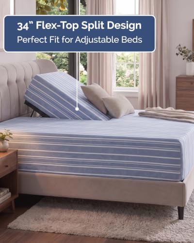 Image of Extra Deep Flex Top Split Head King Fitted Sheet - Hotel Luxury Single Fitted Sheet Only - Easily Fits 18 inch to 24 inch Mattress - Ultra Soft, Wrinkle Free w /Extra Deep Pockets - Blue Stripes 3
