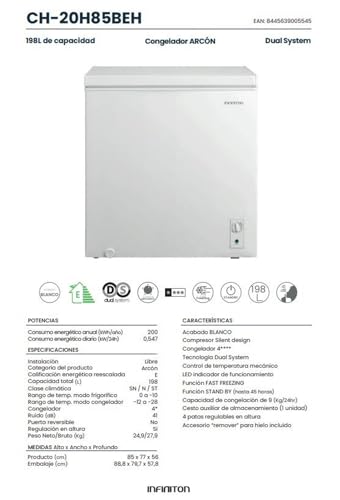 Miniatura 3 de Infiniton Arcon Congelador Ch-20h85beh, 198 Litros, Función Fast Freezing, Función Stand By, Regulación En Altura, E, Blanco, Compresor Silent Design